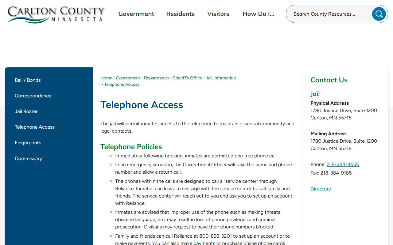 Carlton County court administration records Justice Center telephone access