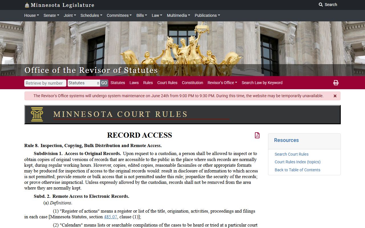 Carlton County court dockets Rule 8 remote access