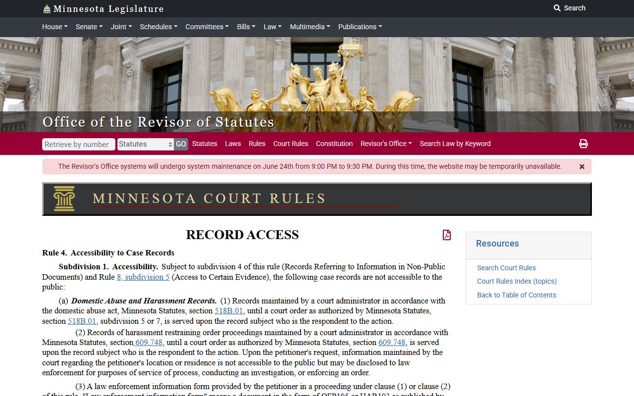 Carlton County court dockets Rule 4 public access
