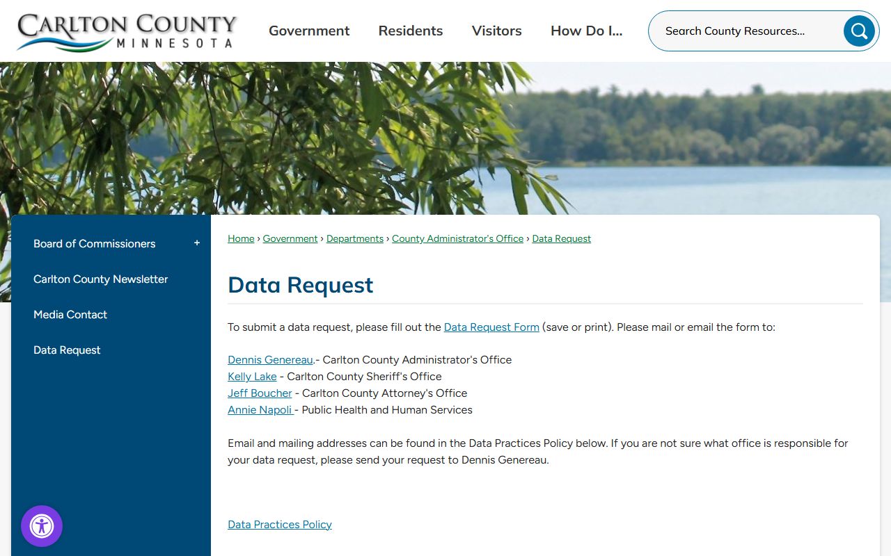 Carlton County data request page for county public records