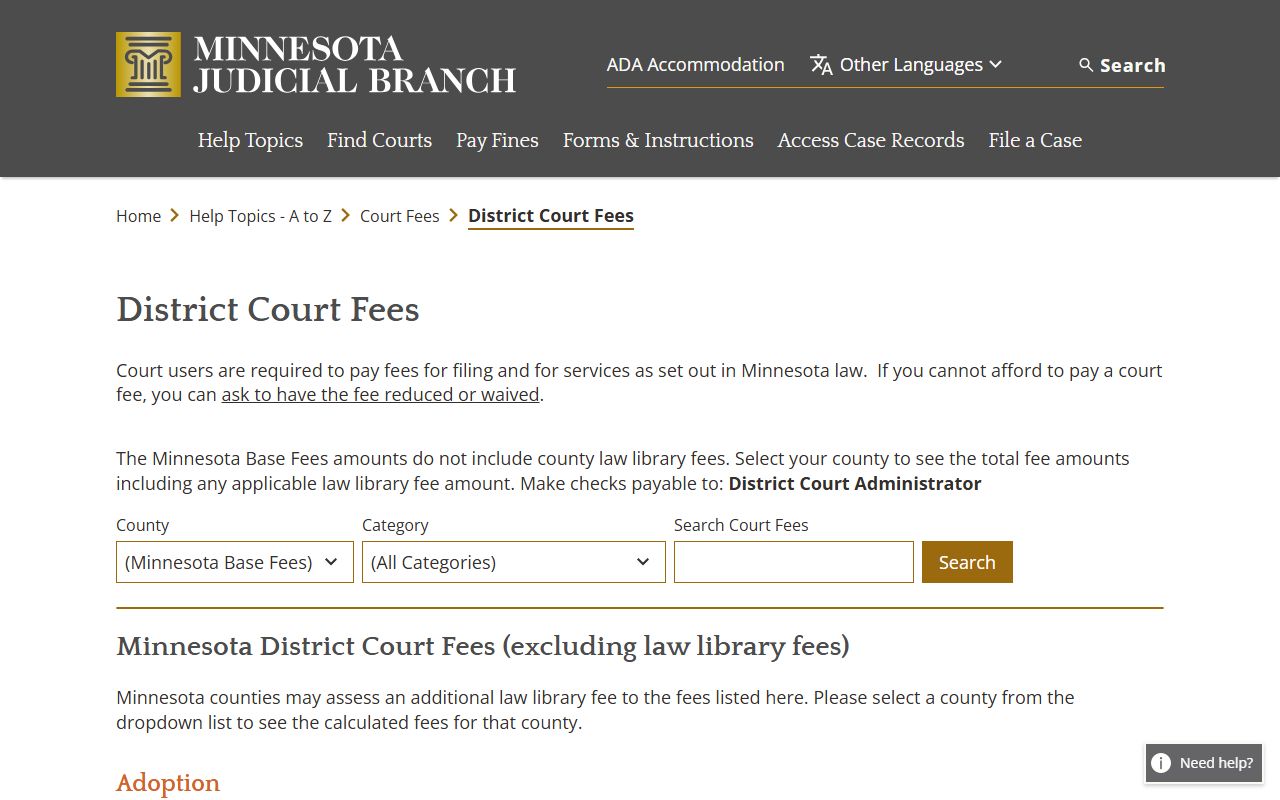 Carlton County court records District Court fee schedule