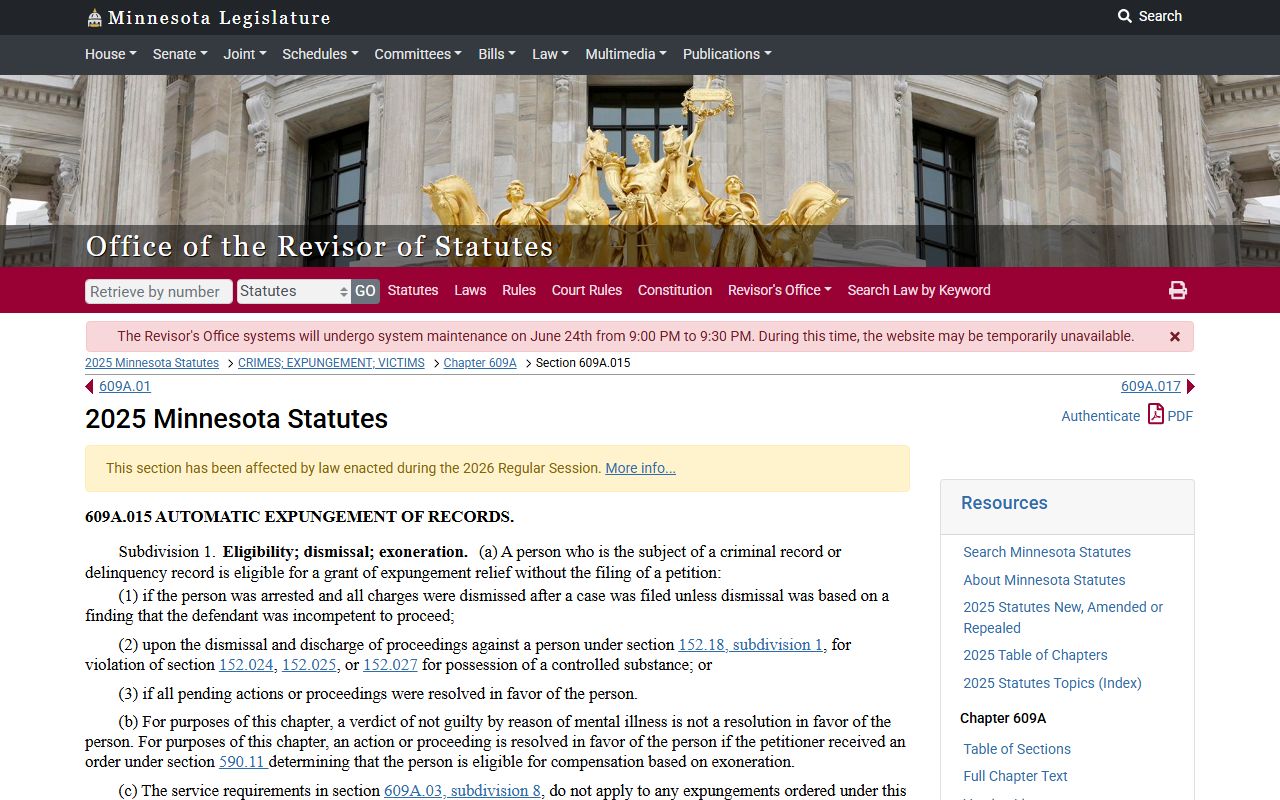 Carlton County criminal court records automatic expungement statute
