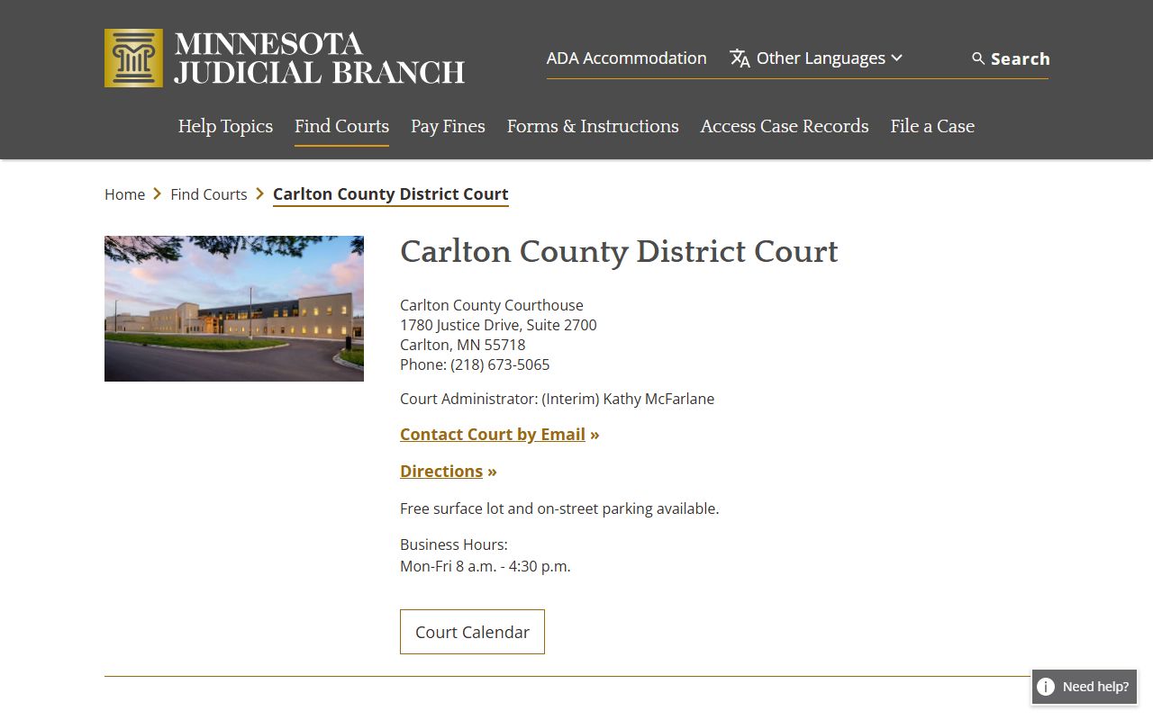 Carlton County court records District Court page