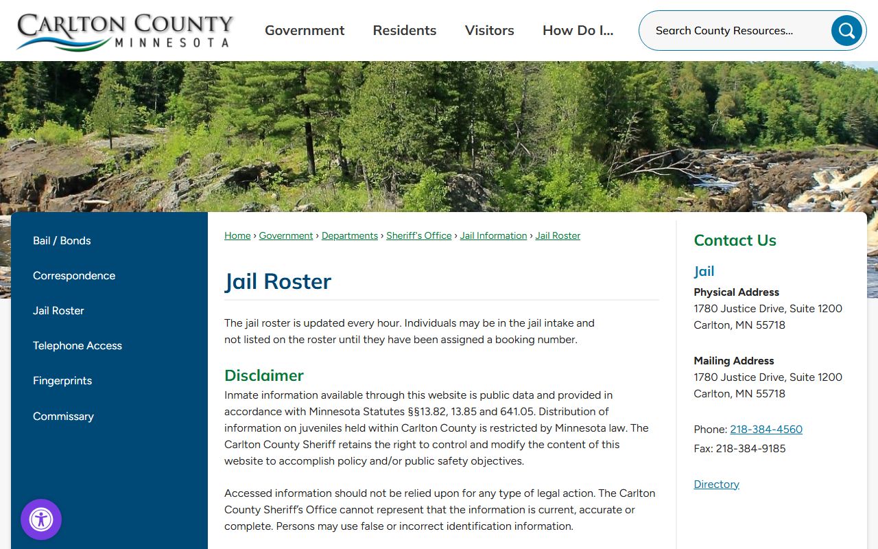 Carlton County inmate records jail roster source