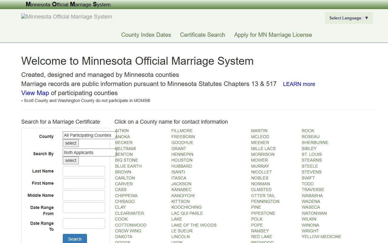 Carlton County marriage records Minnesota Official Marriage System