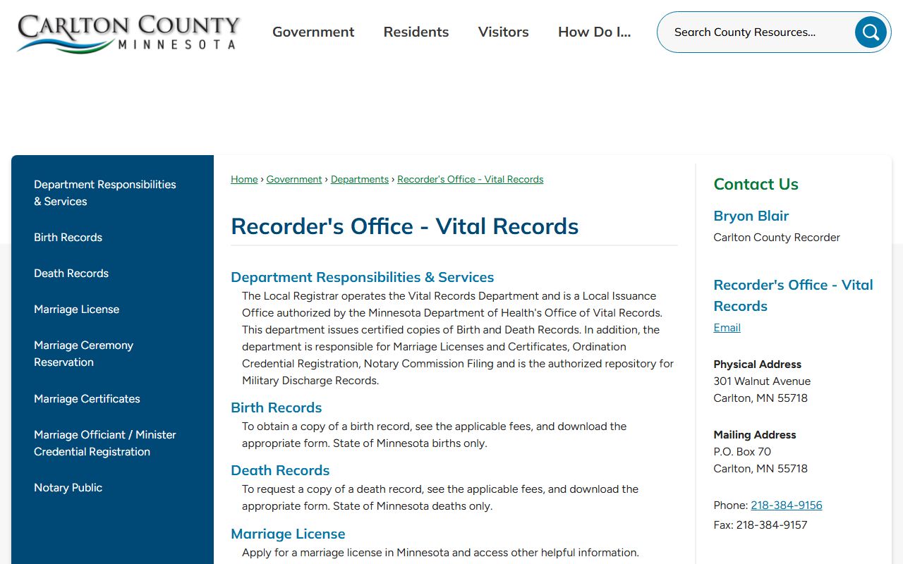 Carlton County marriage records Recorder vital records office