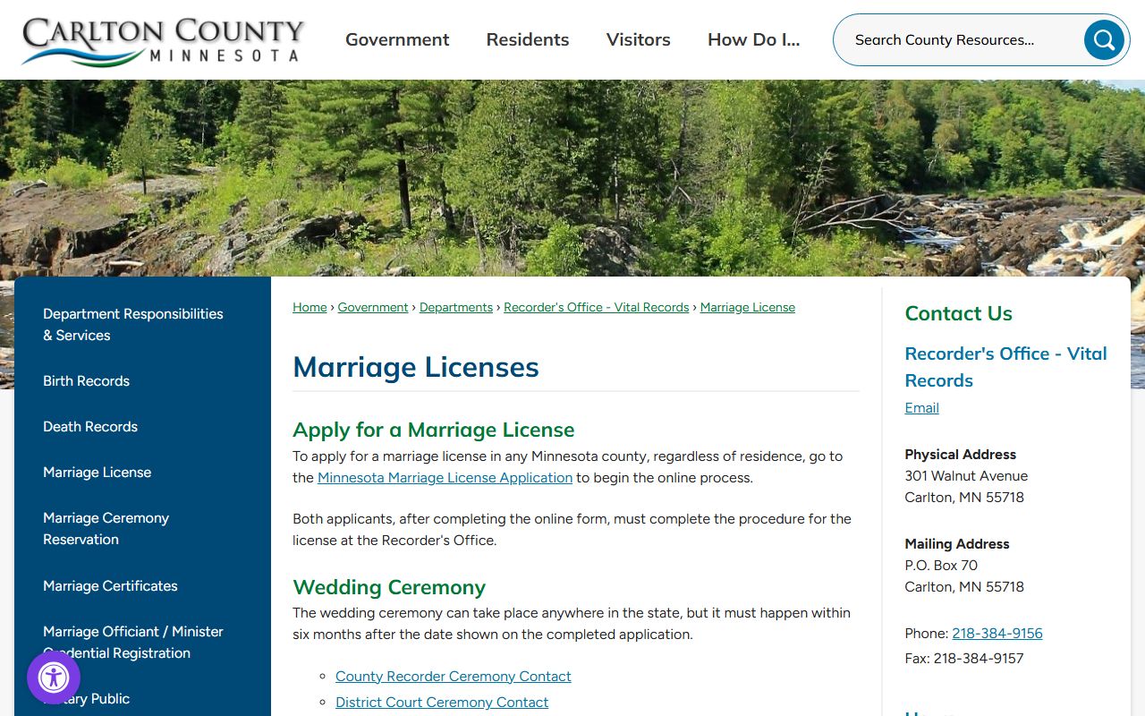 Carlton County marriage records marriage license application