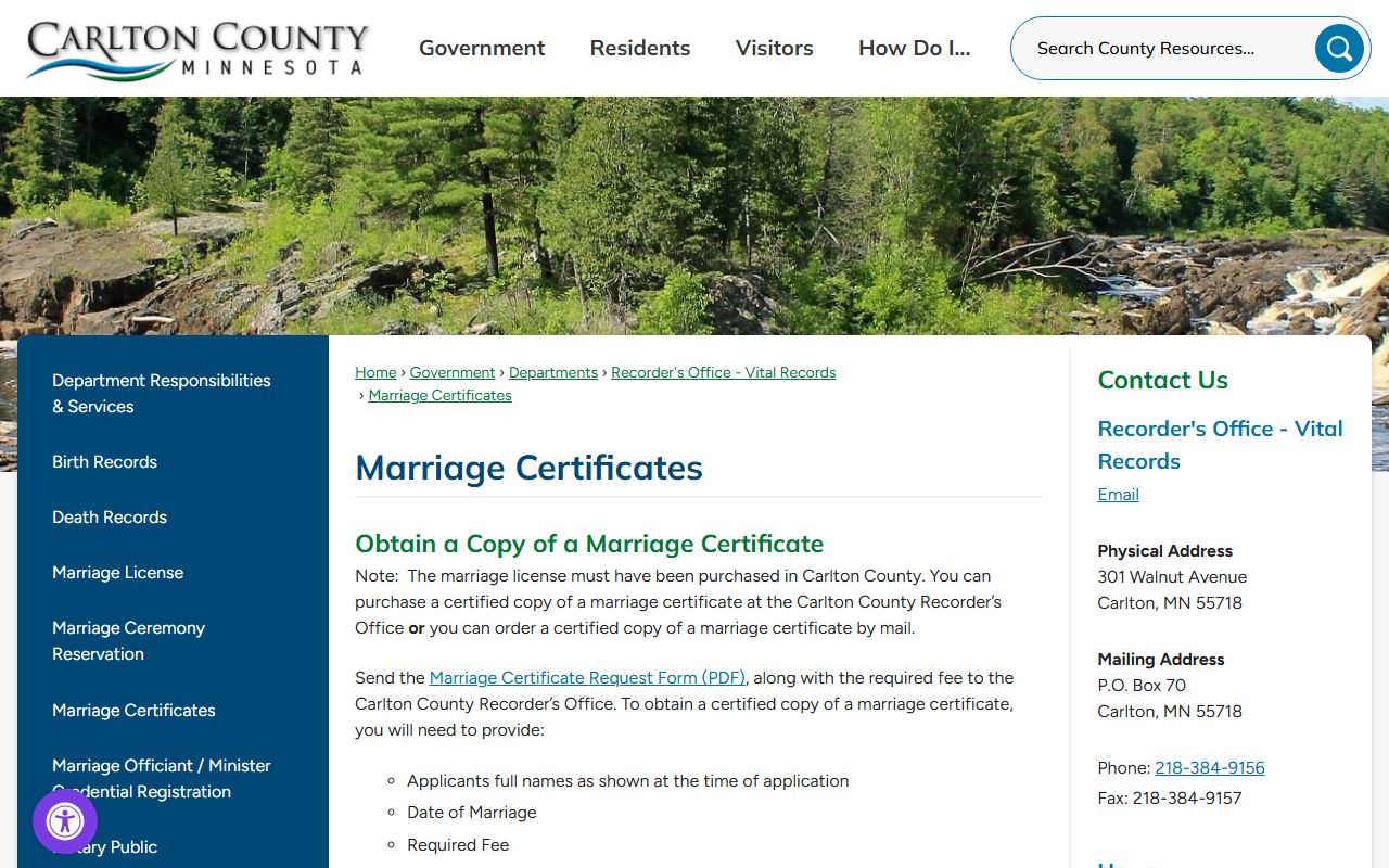 Carlton County marriage records certified marriage certificates