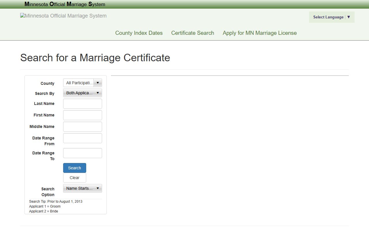 Carlton County marriage records MOMS certificate search